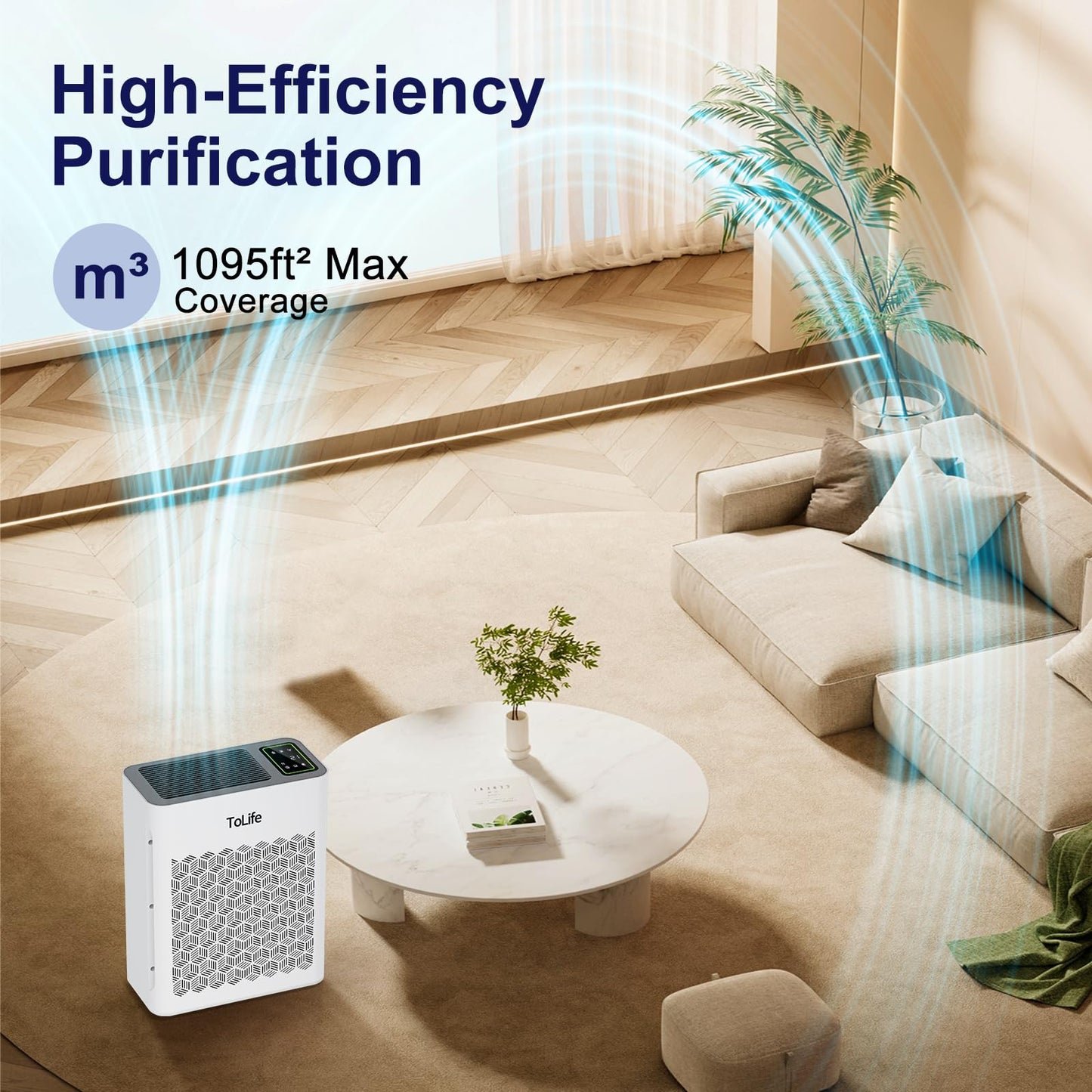 ToLife Air Purifiers for Home Large Room Up to 1095 Ft² with PM 2.5 Display Air Quality Sensor, Auto Mode, Timer, HEPA Air Purifier for Bedroom Filters Smoke, Pollen, Pet Dander, Allergies, White