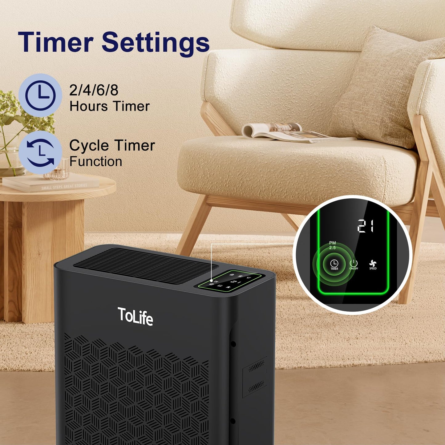 ToLife Air Purifiers for Home Large Room Up to 1095 Ft² with PM 2.5 Display Air Quality Sensor, Auto Mode, Timer, HEPA Air Purifier for Bedroom Filters Smoke, Pollen, Pet Dander, Allergies, Black