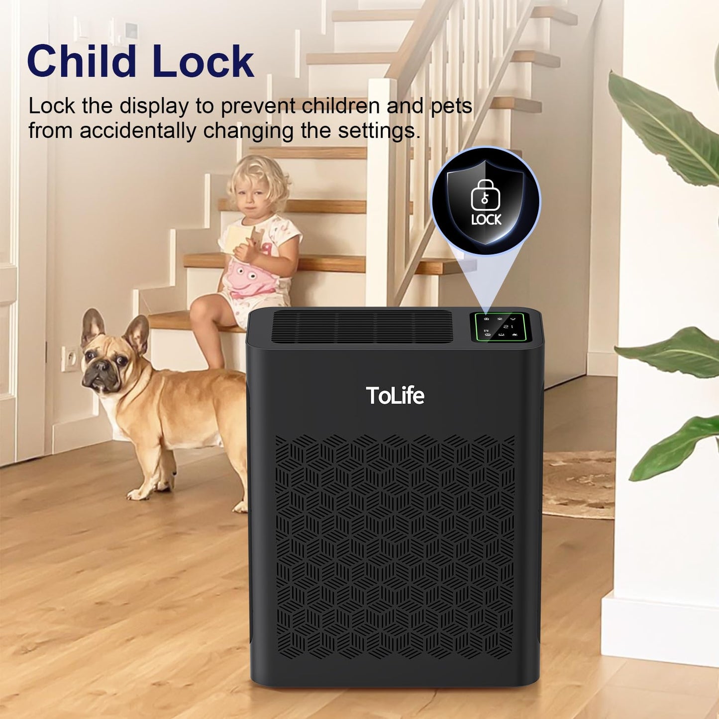 ToLife Air Purifiers for Home Large Room Up to 1095 Ft² with PM 2.5 Display Air Quality Sensor, Auto Mode, Timer, HEPA Air Purifier for Bedroom Filters Smoke, Pollen, Pet Dander, Allergies, Black